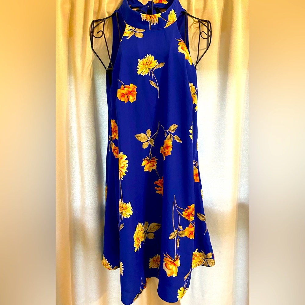 Lulus Women’s Size XS Royal Blue Floral Dress with Halter Neck and Open Back
